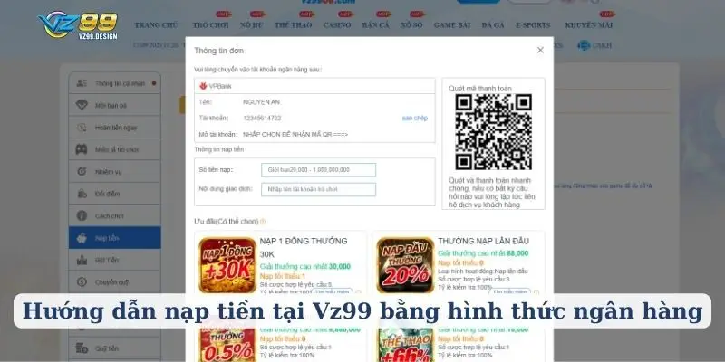Hướng dẫn nạp tiền tại Vz99 bằng hình thức ngân hàng